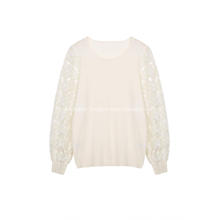 Women's Knitted Sequin Lacework Crew-Neck Pullover